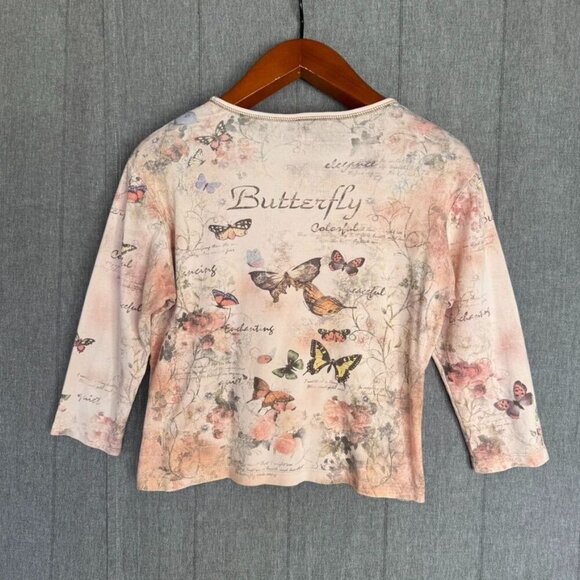 Y2K Cactus 100% Cotton Peach Pink Butterfly Gold Crystal Embelilshed Top Size M - Picture 3 of 11